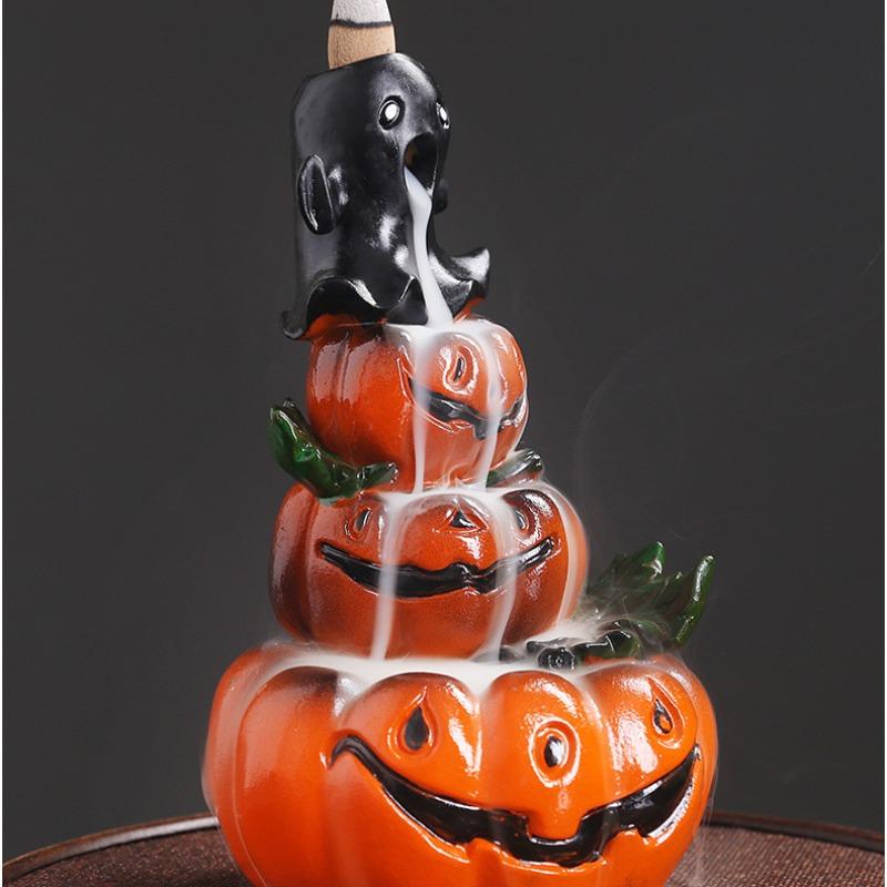 Original Resin Halloween Pumpkin Backflow Incense Burner, European Vintage Ghost Festival Smoke Fountain Incense Holder Decor, Delicate Resin Craft, Slow Downflow Smoke Design, Perfect Desktop Ornament For Home Shop Halloween Party, Ideal Holiday Gift Bir