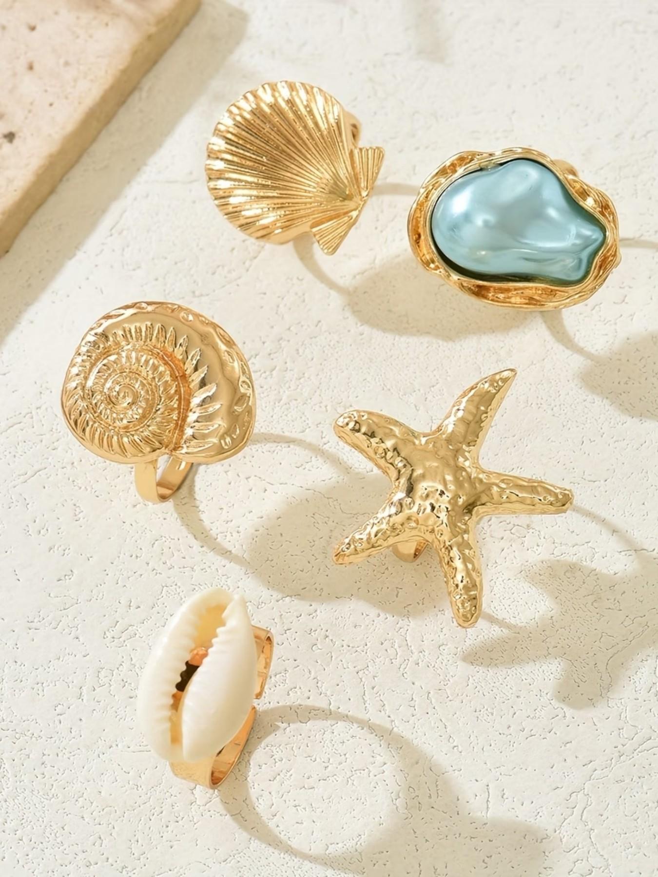 5pcs French-Style Baroque-Inspired Rings, Vintage Starfish Conch Seashell Designs, Elegant Accessories for Women, Daily Wear or Vacations