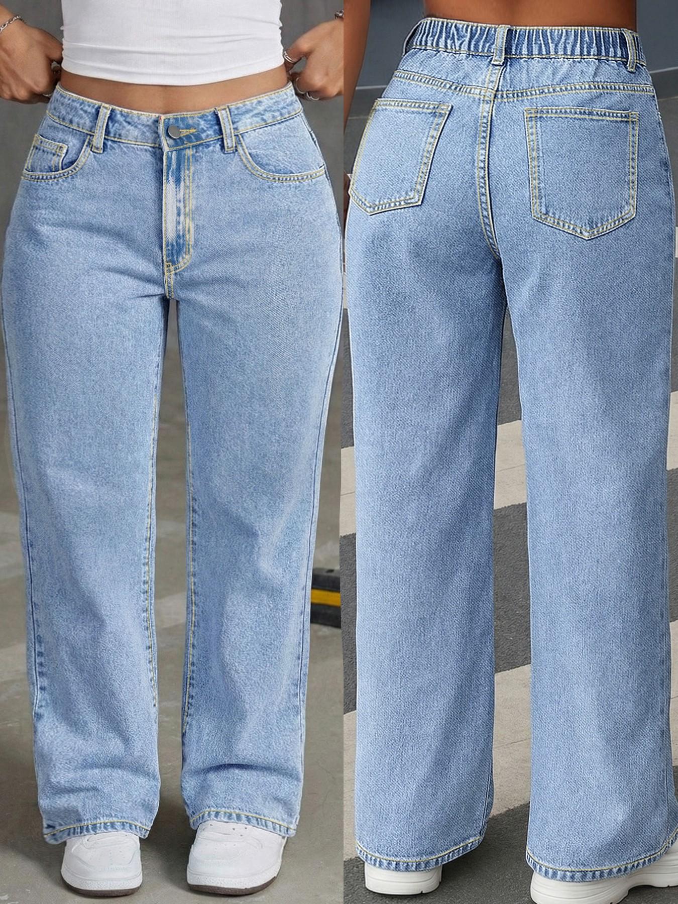Plus Size Light Wash High Waist Wide Leg Denim Jeans, Elastic Back Waistband, Curvy Relaxed Fit, 90s Vintage Casual Style for Curvy Women