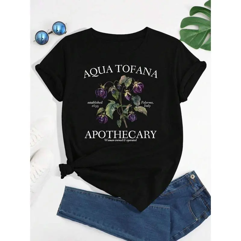Official Aqua Tofana Apothecary Print Cotton T-Shirt - Women's Owned & Operated Casual Sporty Chic Round Neck Short Sleeve Sports Top for Outdoor Activities, Shortsleeve, Tshirt