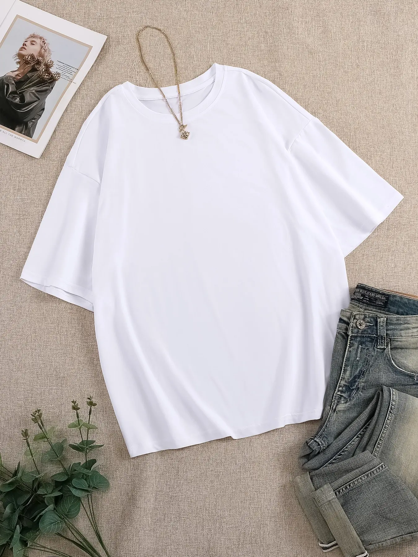 Basic Drop Shoulder Short Sleeve T-Shirt for Women, Loose Fit Oversize Round Neck Plain Color Casual Top, All Seasons Wear