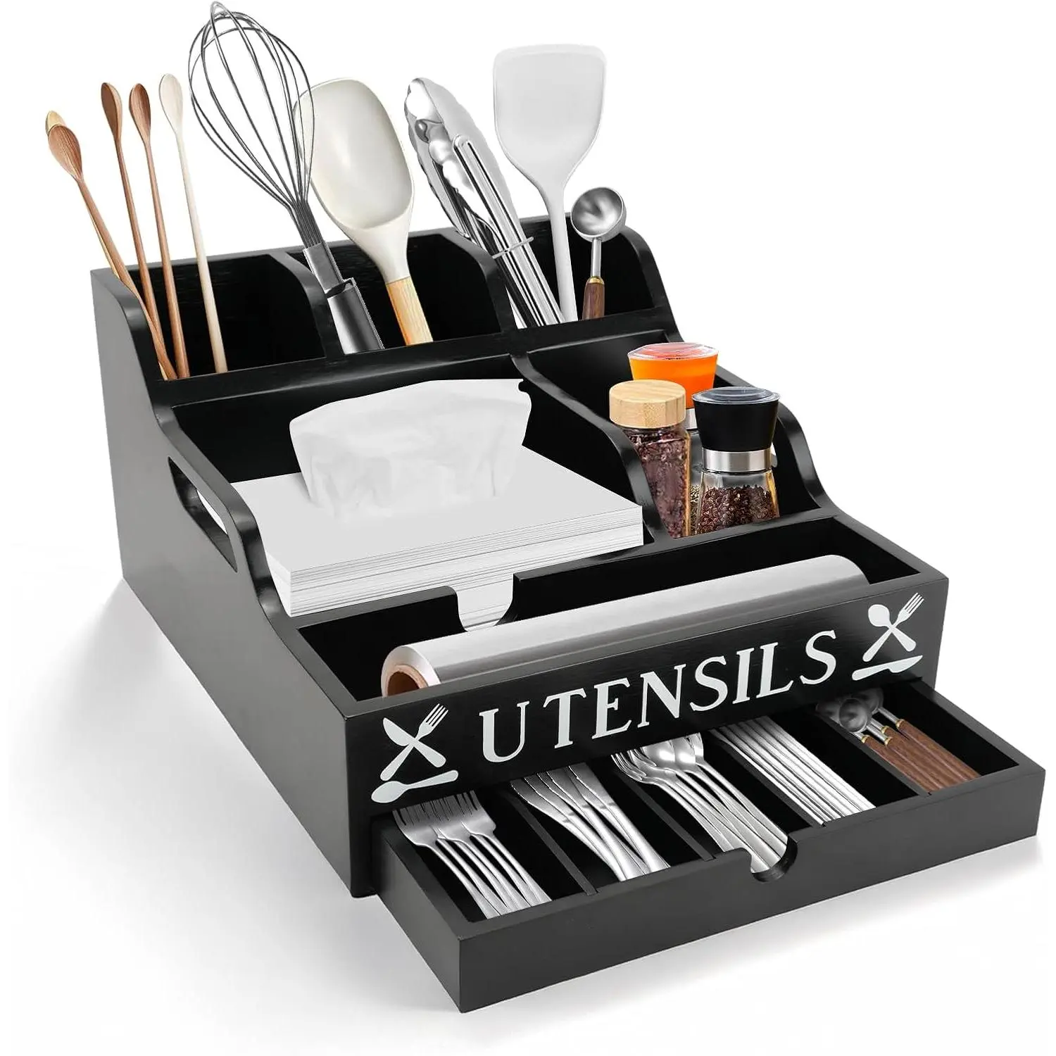 YFMHK 11-Compartment Farmhouse Kitchen Utensil Holder with Drawer, Large-Capacity Countertop Organizer for Spatulas, Flatware, Spoons, Forks, Knives, Cooking Tools for Party, BBQ (Black)