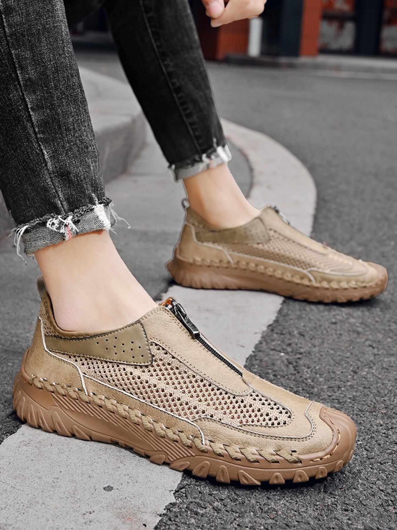 Men's Solid Color Mesh Zipper Toe Casual Shoes, Soft Sole, Non-Slip, Hand-Stitched, Breathable Slip-On Lazy Dad Shoes