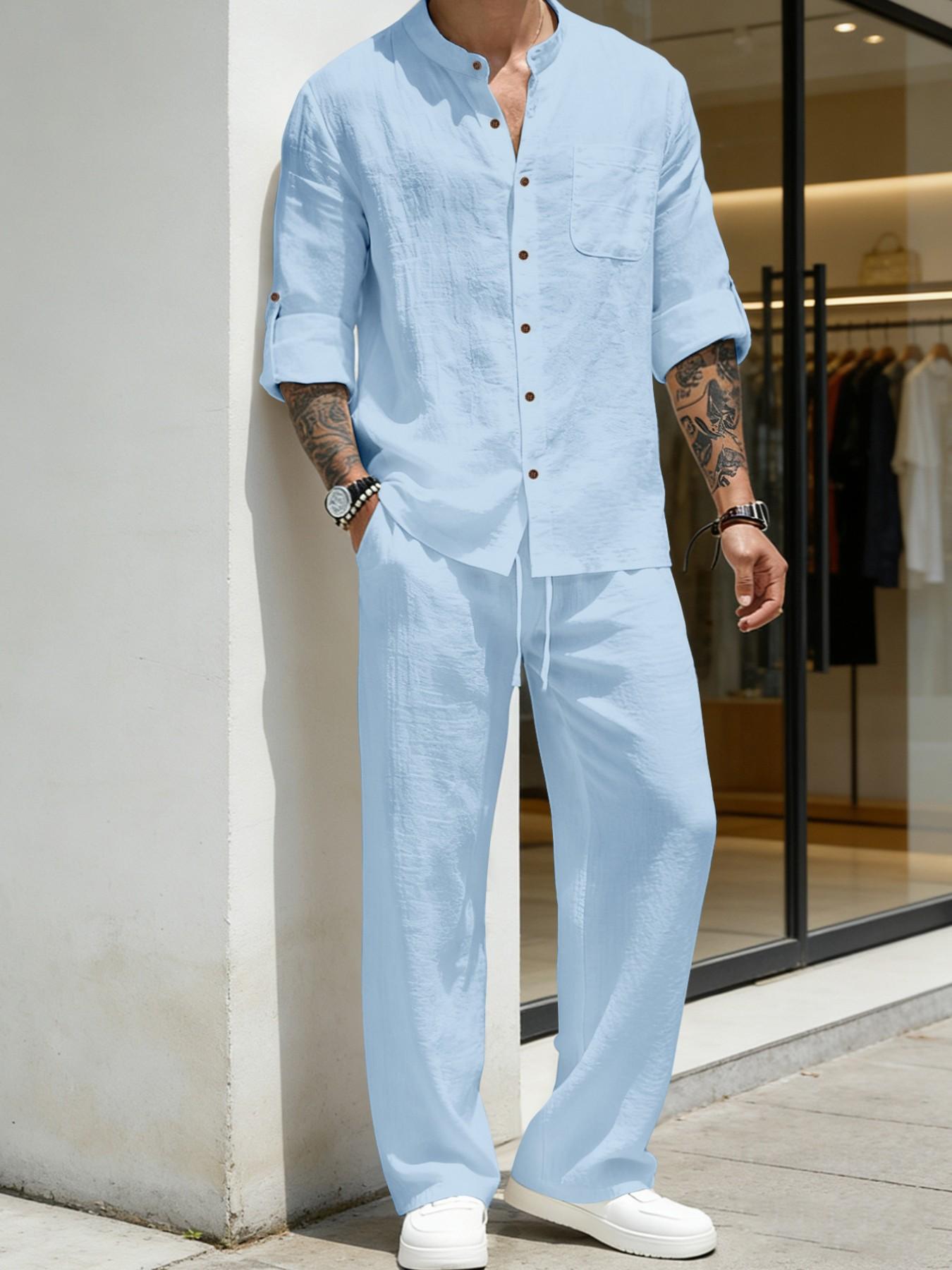 Men's Linen Stand Collar Long Sleeve Button Shirt & Straight Leg Belted Pants Set, Casual Business Leisure Style, Fashionable Men's Clothing