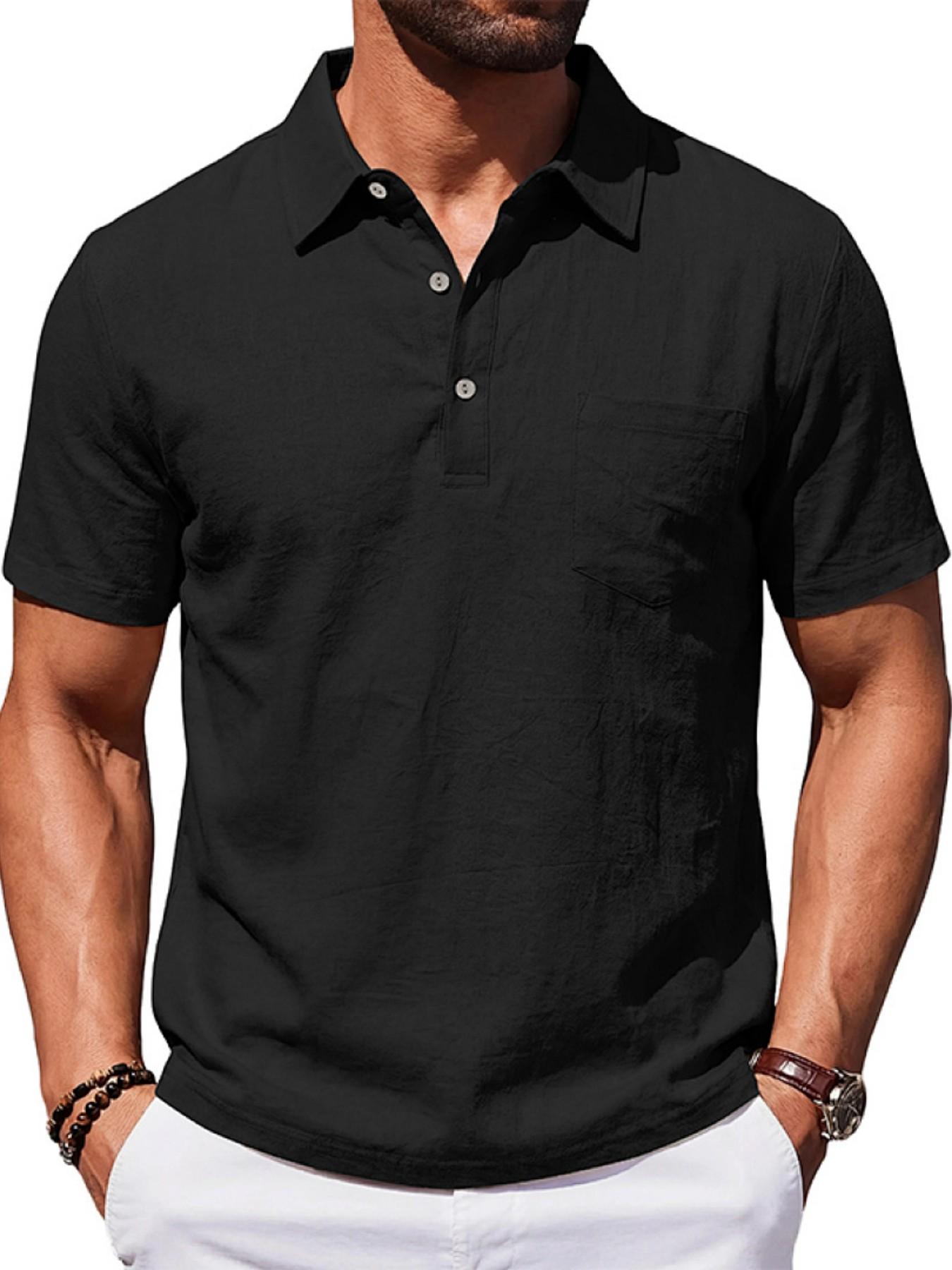 Men's Summer Linen Polo Shirt, Loose Fit Business Casual Breathable Commuter Top, Simple Design Short Sleeve Polo for Men