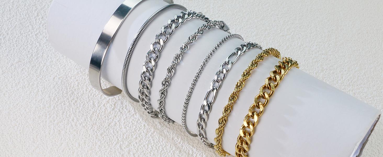 PEALICIOUS Bracelets for Men Jewelry as 2 PCS Silver/Gold Bracelet for Men Chain, 7-10In Stainless Steel Bracelets for Men Fathers Days Gifts for Boys Pulseras Para Hombres Mens Accessories