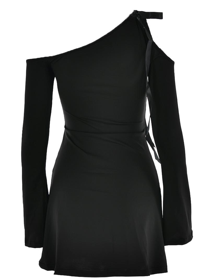 Women's Plain Cut Out Asymmetrical Neck Tie Front Dress, Elegant Long Sleeve Short Dress for Party Holiday, Ladies Fall Clothes, Fall Outfits, Fallfreshness Valentine's Day, gift, Womenswear