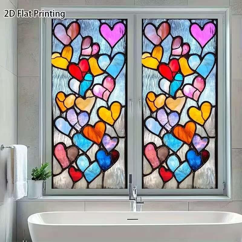 Vibrant Colored Glass Heart Window Sticker, Static Adhesive Frosted Privacy Film, Easy Install Removable PVC Decor, Ideal for Bathroom, Office, Windows