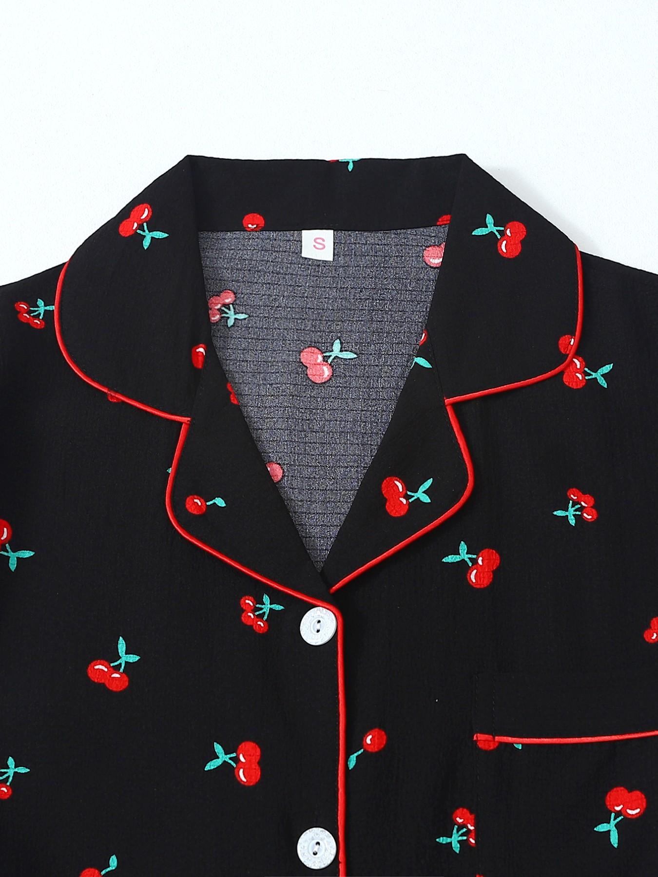 Women's Short Sleeve Button Down Top and Shorts Pajama Set, Spring Summer Wear, For Sweet Cool Baddies, Black Base With Red Cherry Print, Classic Lapel Collar With Contrast Red Piping, Loose Fit, Comfortable For Home & Going Out