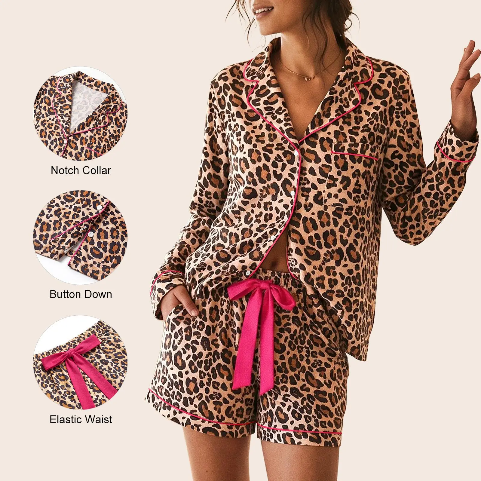 Imily Bela Women's Collared Leopard Print Pajamas with Contrast Trim
