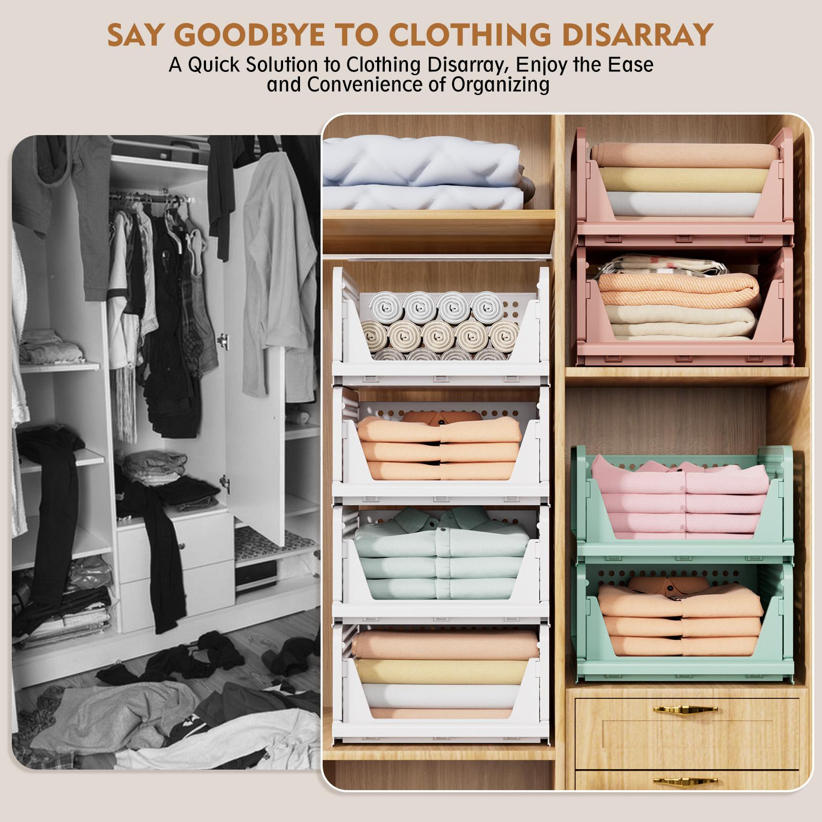 10 Packs Stackable Closet Storage Basket, Multifunctional & Foldable Closet Organizer for Bathroom Kitchen Laundry Room Wardrobe Storage, Space-Saving Clothes Storage Drawer Organizer, White