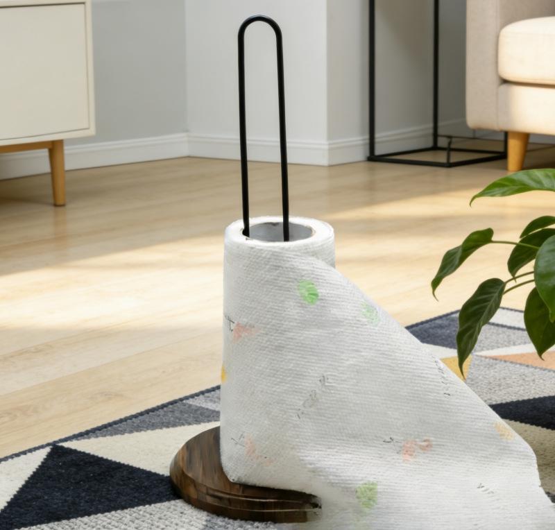 Kitchen Paper Towel Holder - Vertical Countertop Storage Rack, Space-Saving Design, Sturdy Iron Frame and Natural Bamboo Shelf, Suitable for Paper Towels, Hand Towels, Oil Absorbing Towels - Modern Kitchen Countertop Organizer