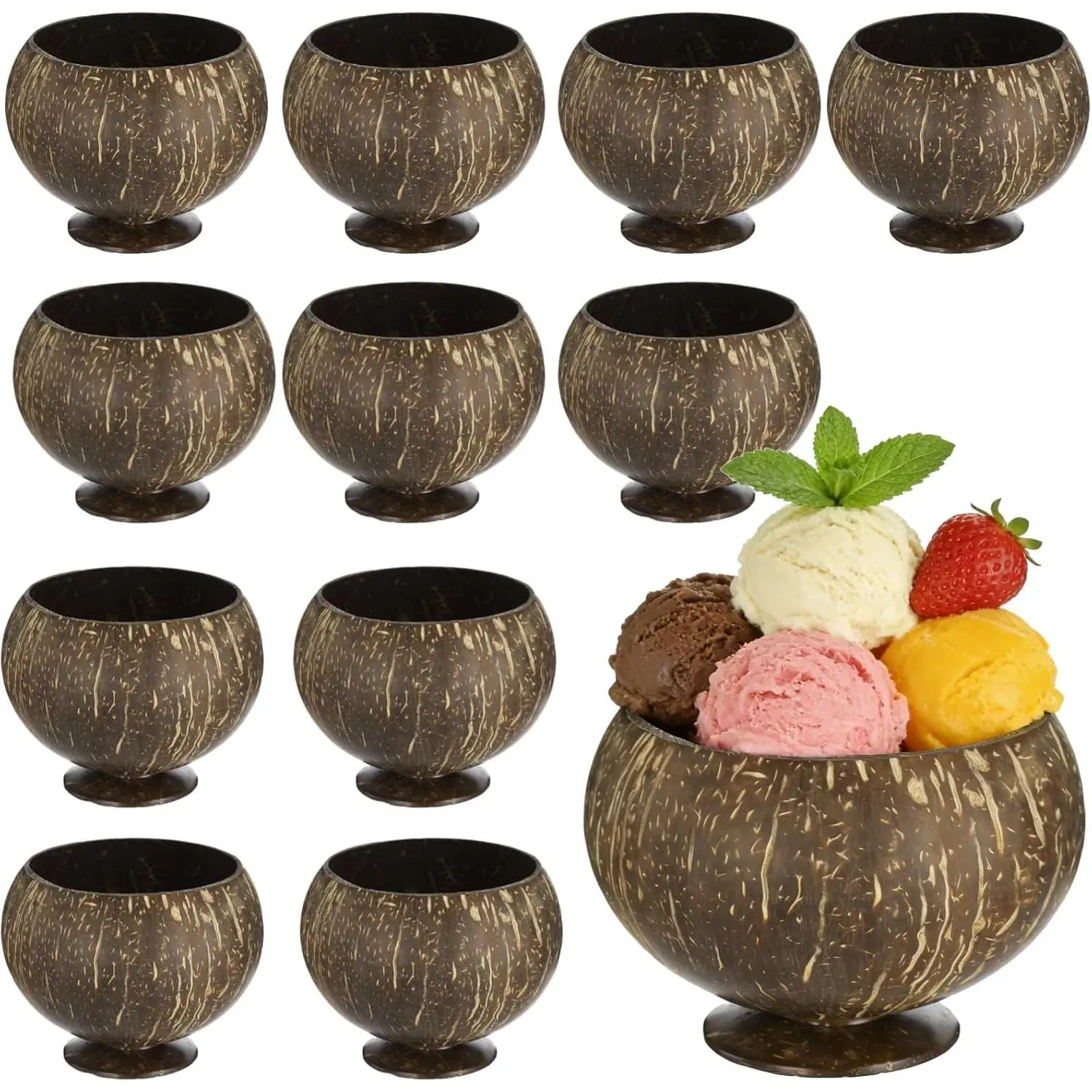 12 count Coconut Shell Cups, Polished  Coconut Bowls Bulk Set for Hawaiian Luau Party Supplies,  Drink Cups for  Smoothies Ice Cream Salad Tropical Decorations