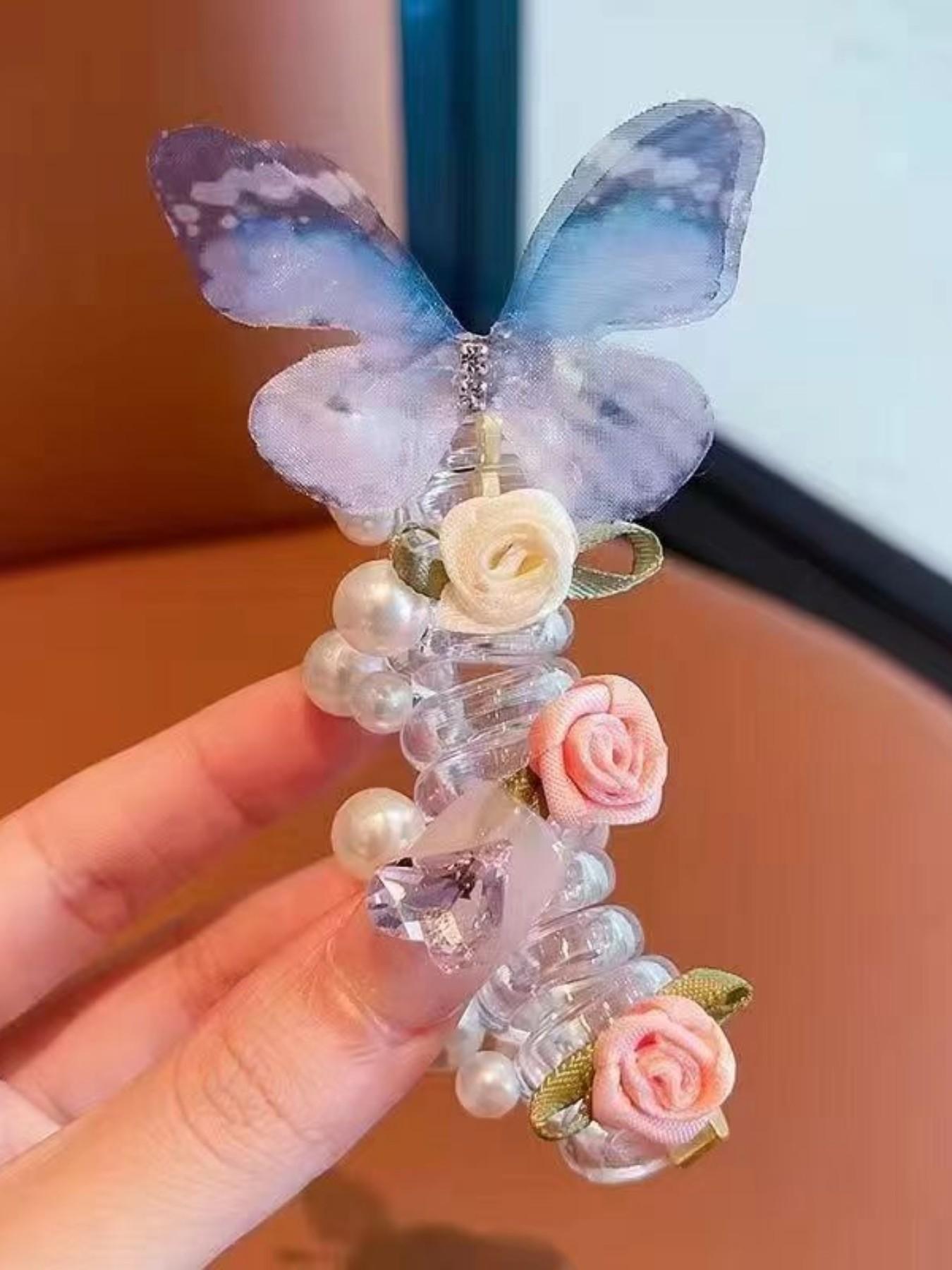 New Mesh Butterfly Pearl Hair Tie, Cute Round Bead Flower Butterfly Phone Line Braided Bubble Braid Hair Rope, Girls' Headwear for Daily Use