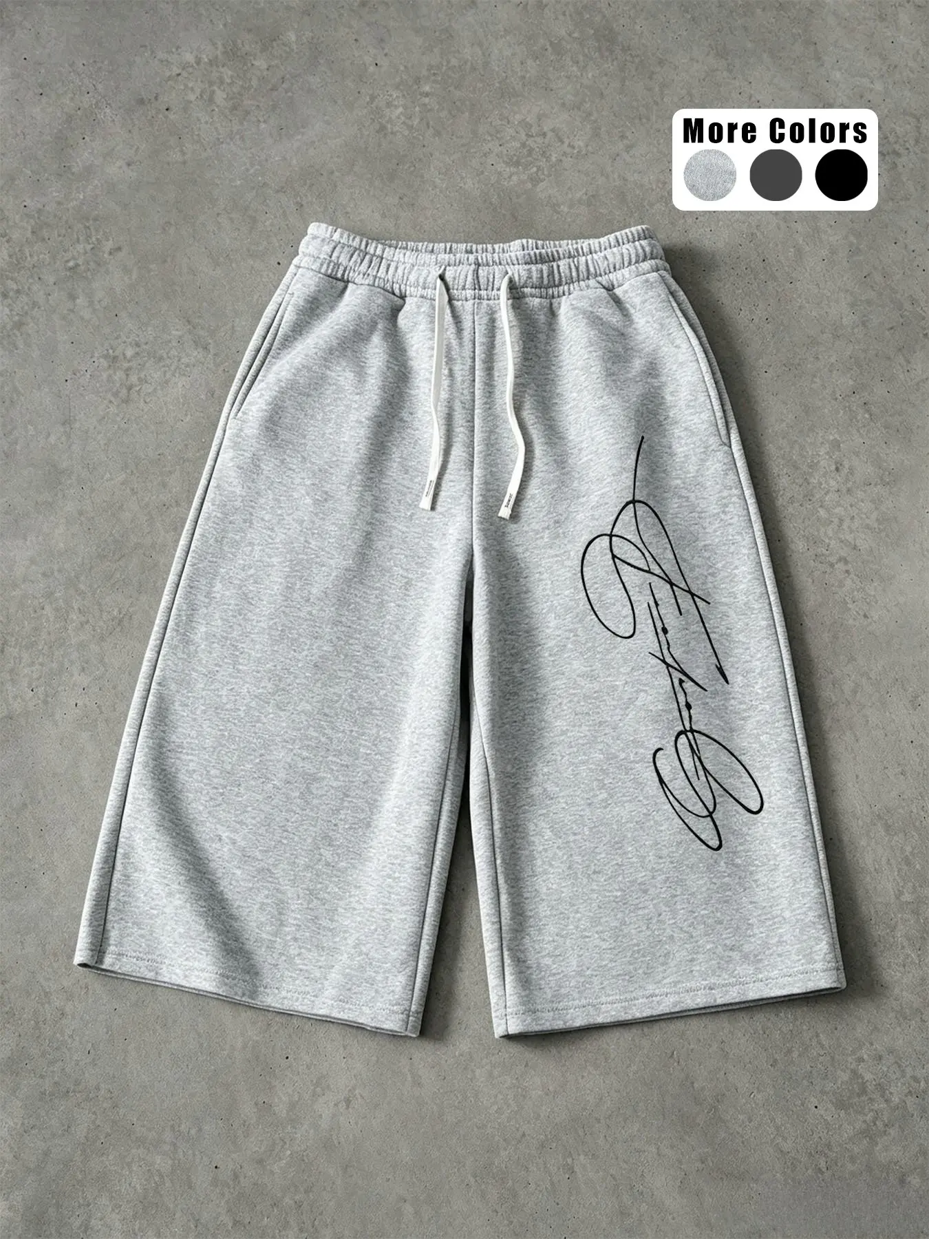 Men's Handwritten Signature Print Sweatpants, Drawstring Waist, Knee-Length, Loose Fit, Casual Street Style, Seven-Eighths Pants