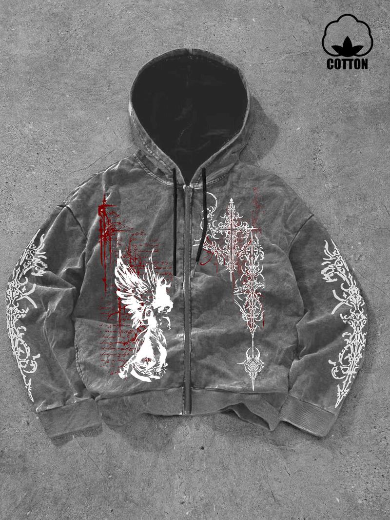 Men's Washed Cotton Hoodie Cardigan, Gothic Print, Casual Long Sleeve Pullover, Fall & Winter Fashion, Comfortable and Stylish