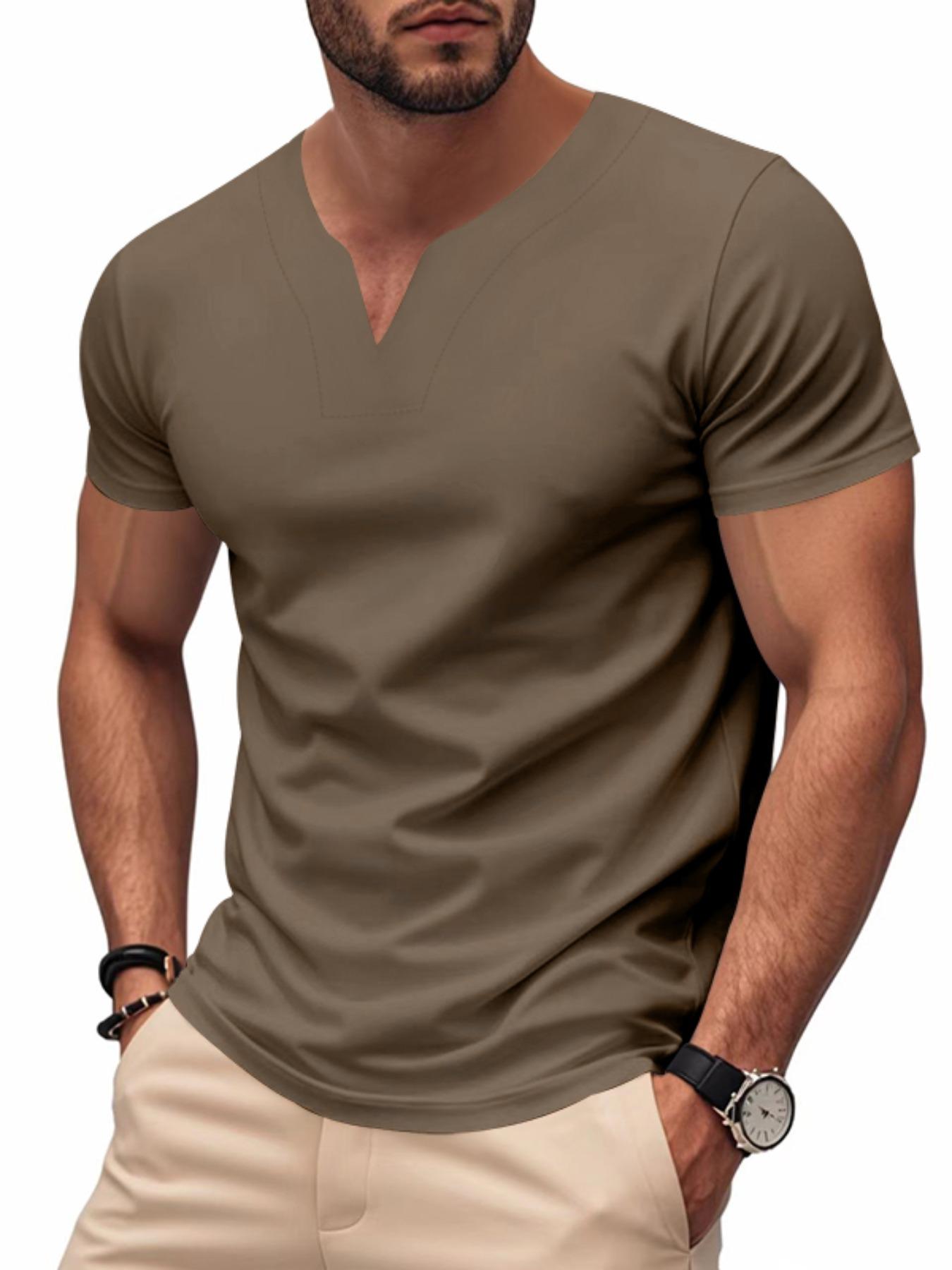 Men's Solid Color V Neck Tee, Regular Fit Casual Quick-dry Skin-friendly Short Sleeve T-shirt for Summer, Men's Top for Daily Wear, Tropical