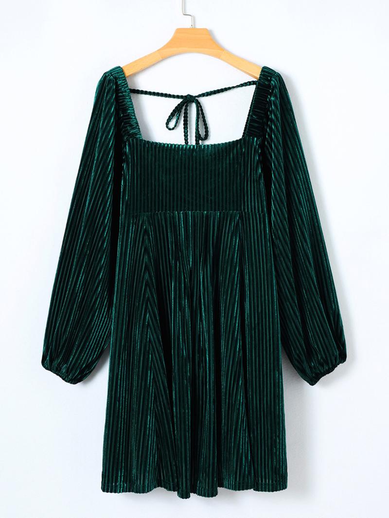 Women's Plain Bishop Sleeve Tie Back Square Neck Elastic Velvet Dress, Elegant Long Sleeve A Line Short Dress for Party Holiday Wedding Guest,Christmas Dress, Ladies Clothes for Winter