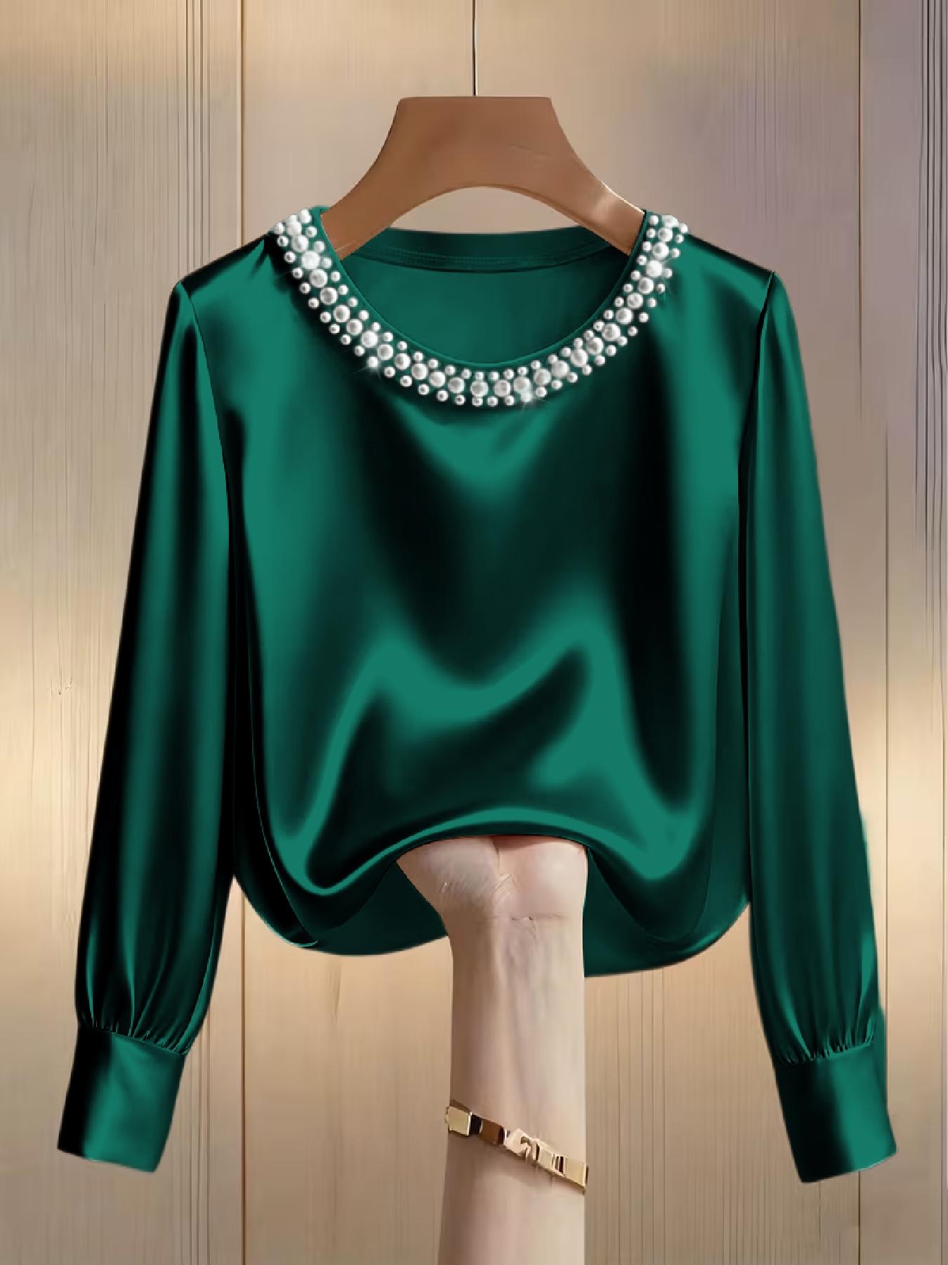 Women's Fashion Elegant Pearl Round Neck Plain Long Sleeve Simple T-Shirt Top, Casual Stylish Women's Clothing