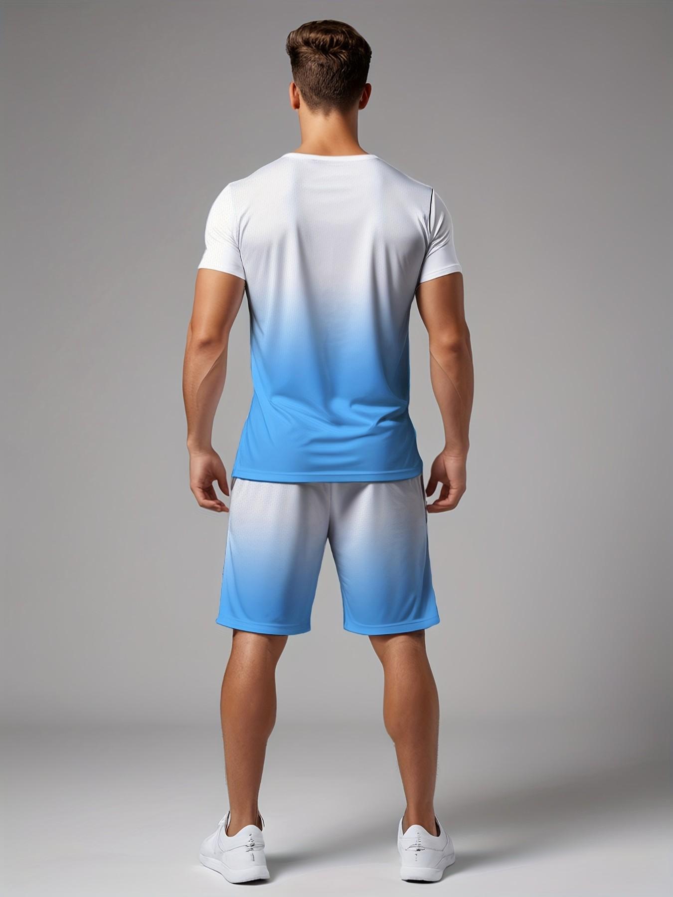 Men's Summer Gradient Patchwork Set, Cartoon Pattern Short Sleeve T-Shirt and Shorts, Breathable and Quick-Dry, Ideal for Outdoor Activities