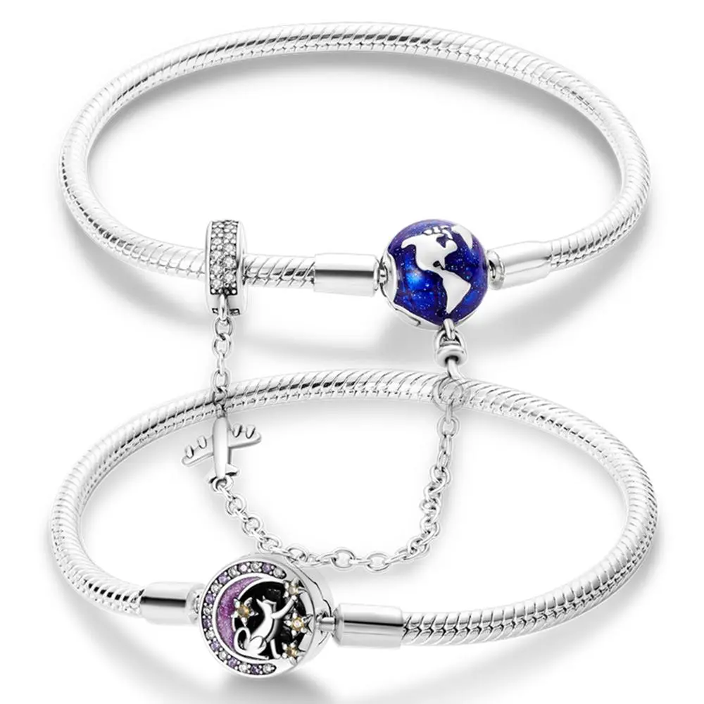 925 Sterling Silver Travel Plane Snake Basic Chain Cat and Moon Bracelet fit Original Charm Beads DIY Women Design Jewelry Party