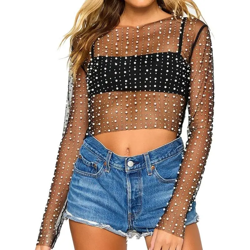 Women Pearl Rhinestone Sheer Mesh Crop Long Sleeve Slim Fit Layering Blouse for Party Night Out Club Concert Festival