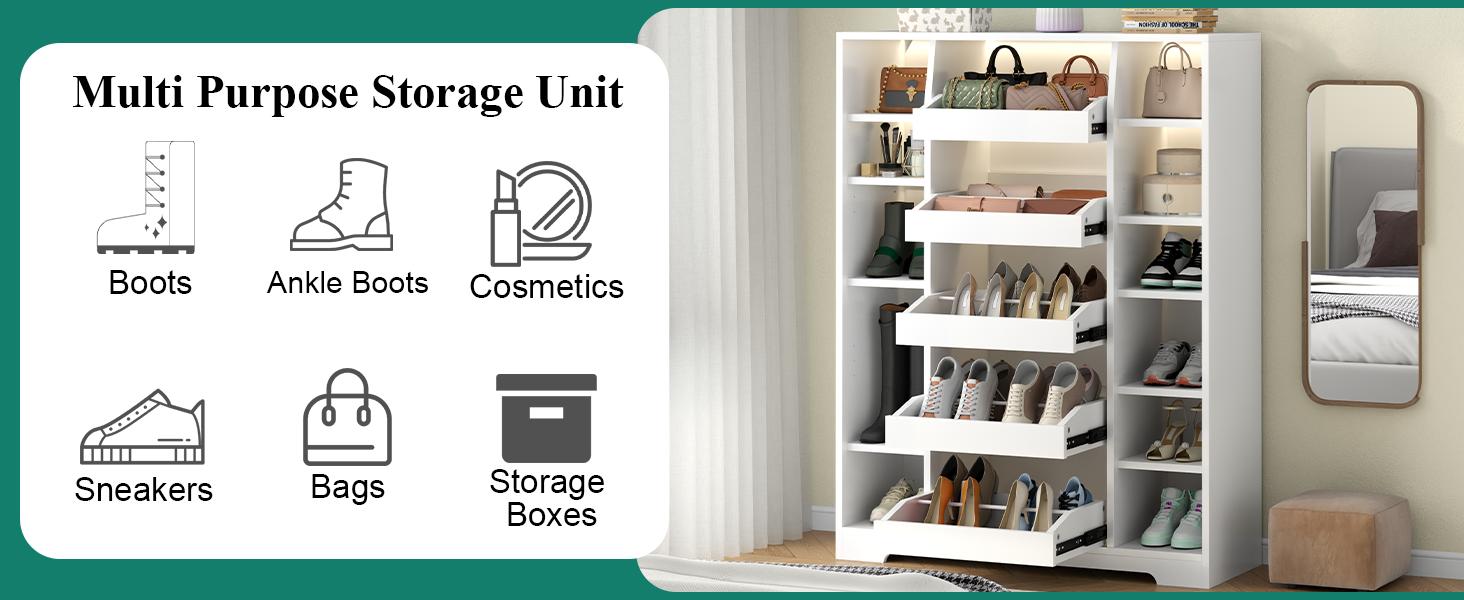 Shoe Storage Cabinet with 5 Drawers & 12 Shelves, Modern LED Shoe Rack & Handbag Storage Cabinet, Freestanding Shoes and Handbag Storage Organizer for Closet