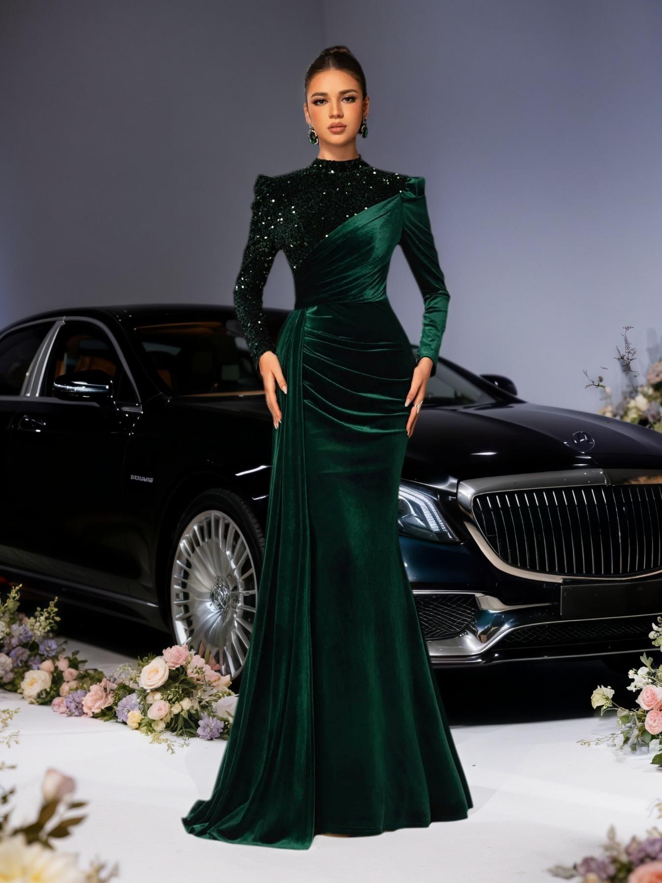 Elegant Velvet Mermaid Tail Long Dress, Sequined Embroidery, Luxury Evening Gown for Celebrations, Weddings & Cannes Parties