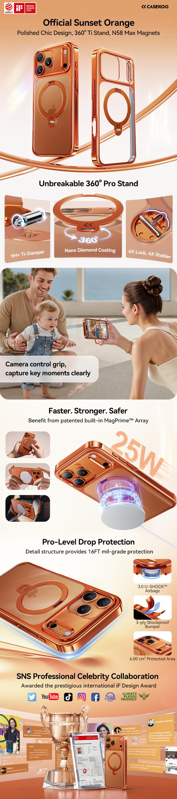 CASEKOO Cosmic Orange iPhone 17 Pro Max Case with 360 Spin Magnetic Stand [Fit for MagSafe][17FT Military Protection] Slim Polished for iPhone 17 Pro Max Case with Stand 6.9'', Cosmic Orange