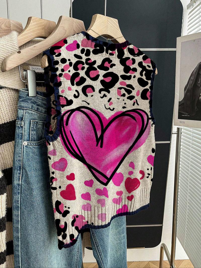 Women's Casual Loose-Fitting Round Neck Sleeveless Sweater, Heart Print Color-Block Cardigan for Spring Summer Fall Winter