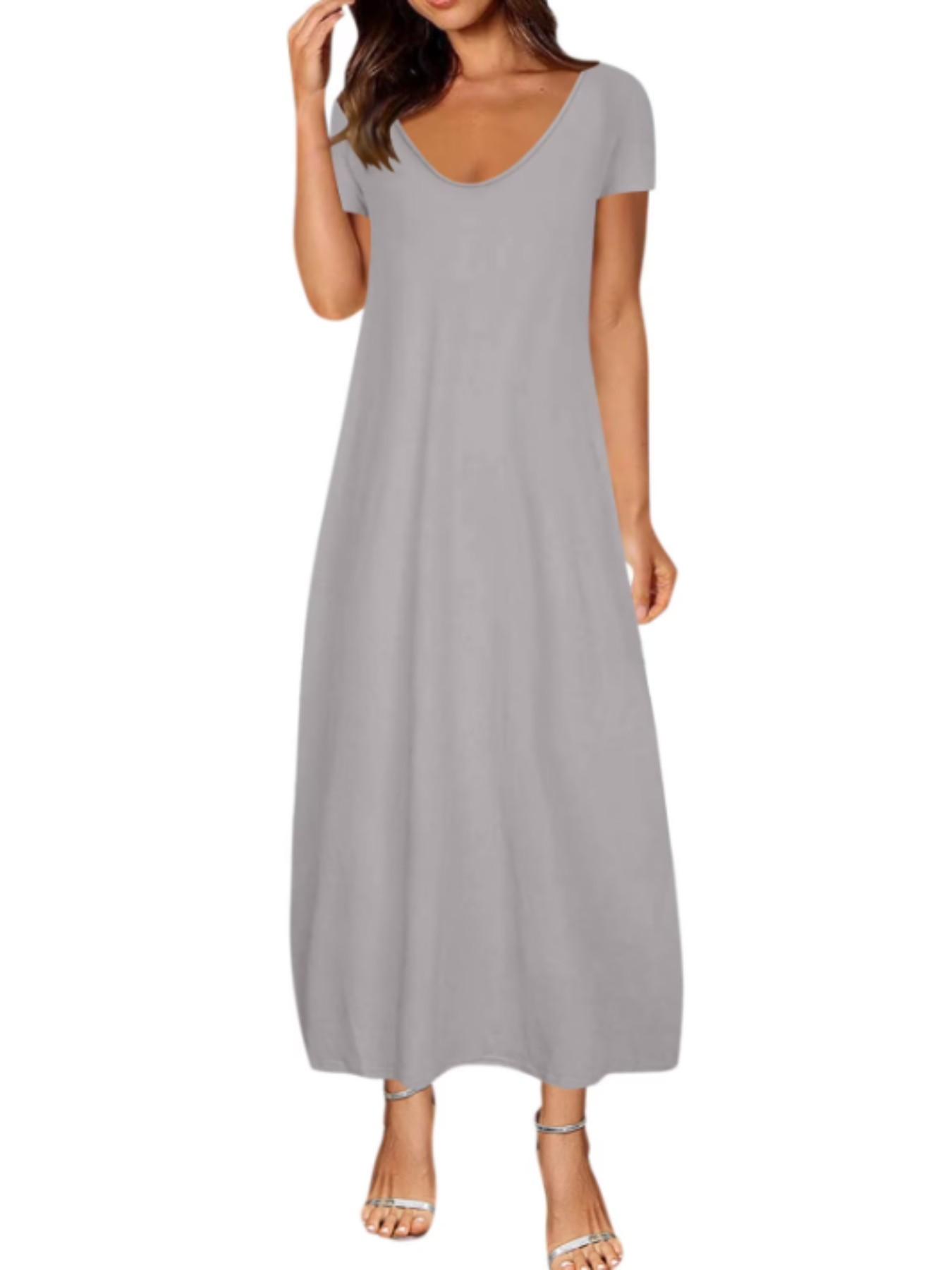 Women's Summer Beach Vacation Casual Sundress, Sexy Deep V-Neck Design with Pockets, Loose-Fit Short Sleeve Plain Style