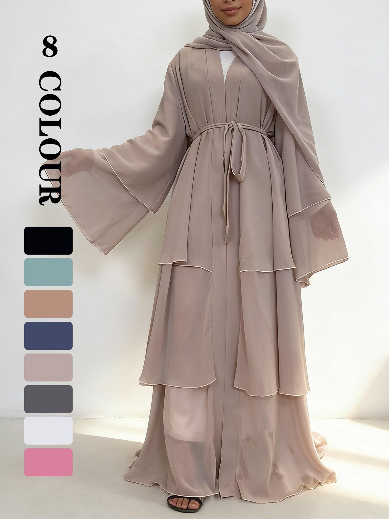 Spring Summer High-Quality Chiffon 3-Layer Eid Abaya with Belt, Modest Muslim Outfits, Casual Party Dress, Comfortable Breathable Fabric, Perfect for Weddings, Arab Wedding Attire, Modest Islamic Clothing
