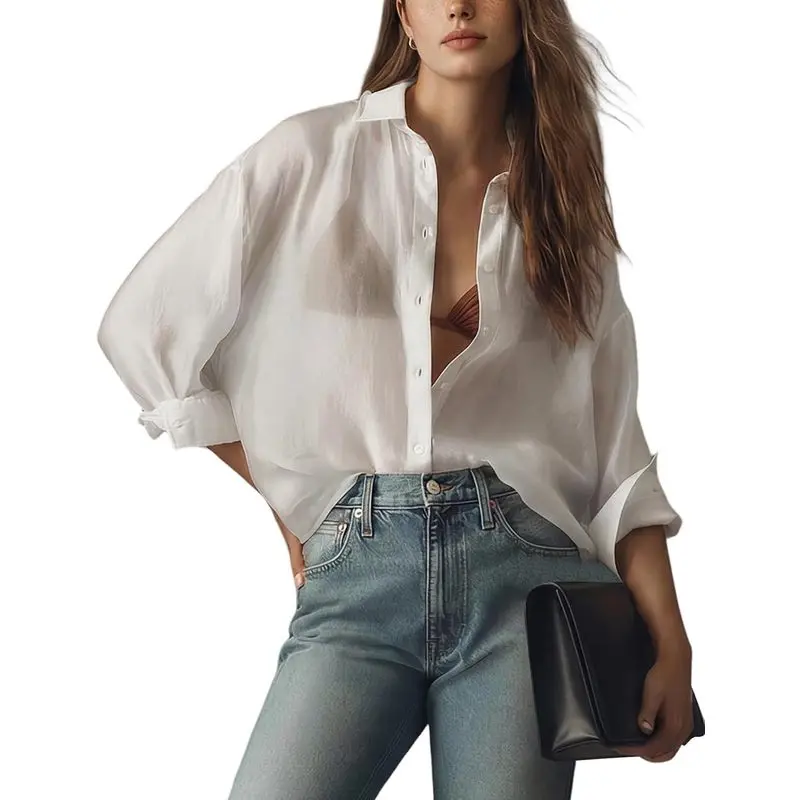 Women's Sheer Mesh Button-Up Blouse Lightweight Oversized Long SleeveCover Up Shirt for Vacation Night Out and Layering