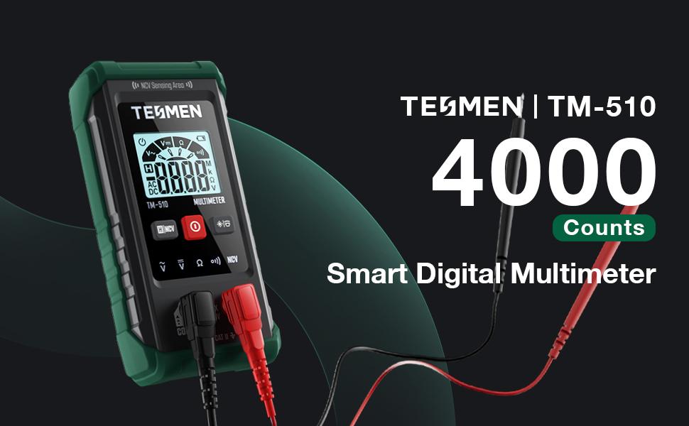 TESMEN TM-510 Digital Multimeter, 4000 Counts, Smart Measurement, Auto-Ranging Voltmeter; Non-Contact Voltage test, Measures AC/DC Voltage, Resistance, Continuity – Green TESMEN TM-510 Digital Multimeter, 4000 Counts, Smart Measurement, Auto-Ranging Voltmeter; Non-Contact Voltage test, Measures AC/DC Voltage, Resistance, Continuity – Green