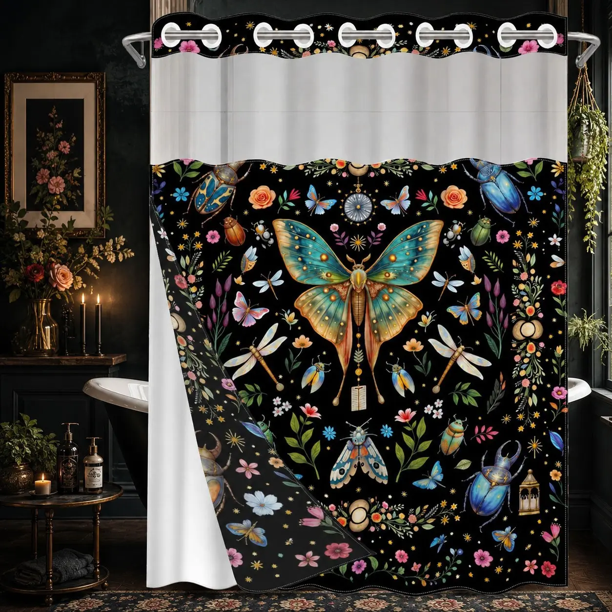 1PC 2D Flat Vintage Moth, Beetle, Dragonfly, Butterfly & Floral Pattern Double-Layer Woven Shower Curtain, No Hooks, Transparent Top Window, Removable Snap-On Liner, Dark Botanical Bathroom Art Decor, Bathroom & Holiday Decoration