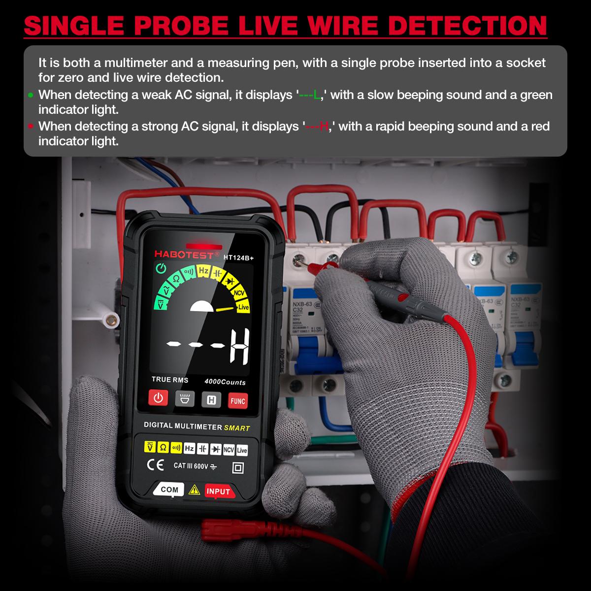 HABOTEST HT124B+ Smart Digital Multimeter 2.5-inch Color LCD Screen 600V AC/DC Voltmeter 4000 Counts True RMS Auto Ranging Voltage Meter NCV Live Wire Tester Resistance Capacitance Frequency Hz