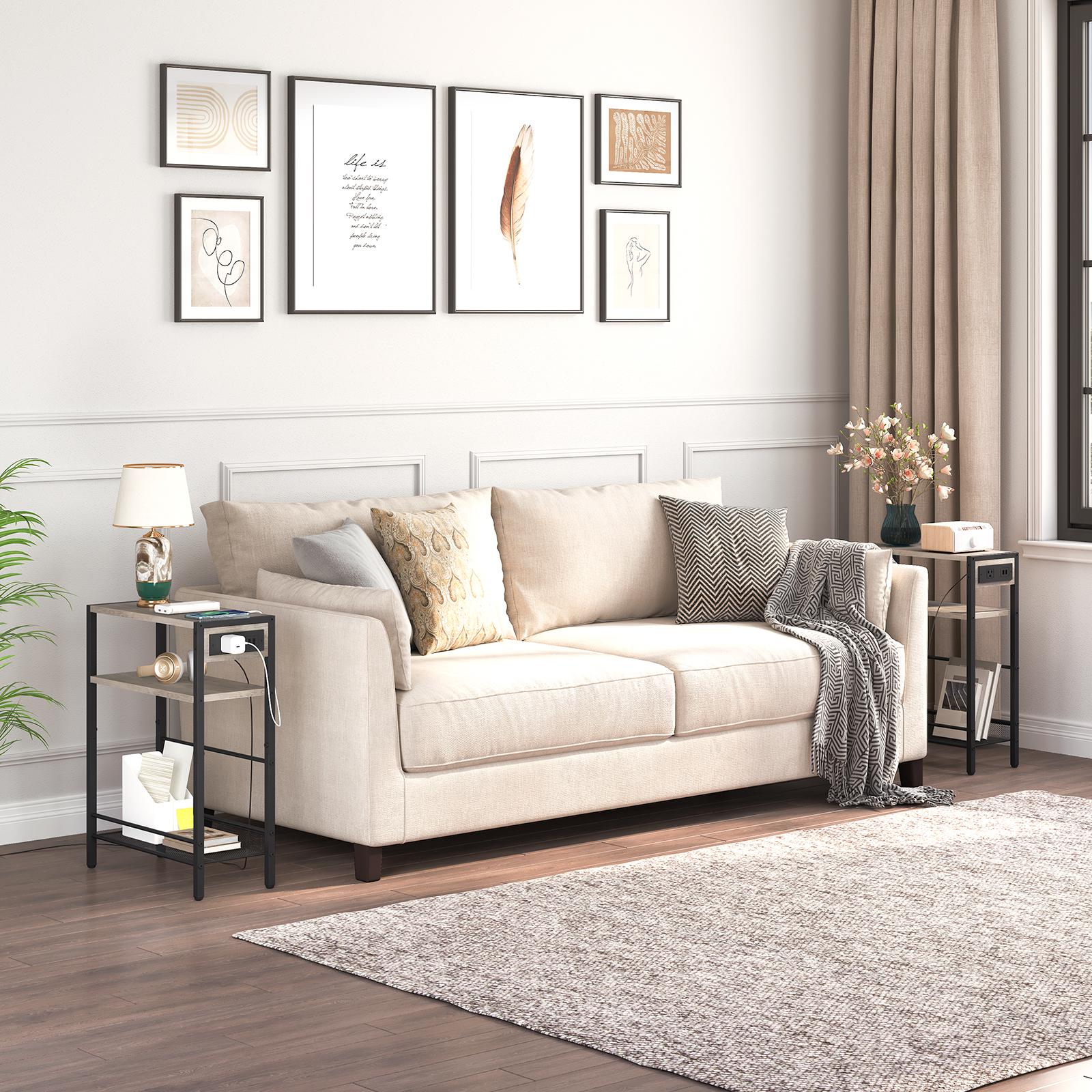 HOOBRO Small Narrow Side Table with Charging Station, Skinny End Table for Small Spaces, Slim Nightstand with USB Ports Outlet, Sofa Beside Table with Storage Shelf, Greige and Black