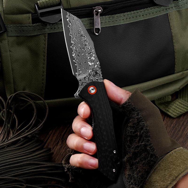 KLAKEN J338 Askael, Damascus Blade EDC Pocket Outdoor Camping Folding Knife With Zebra Wood Handle