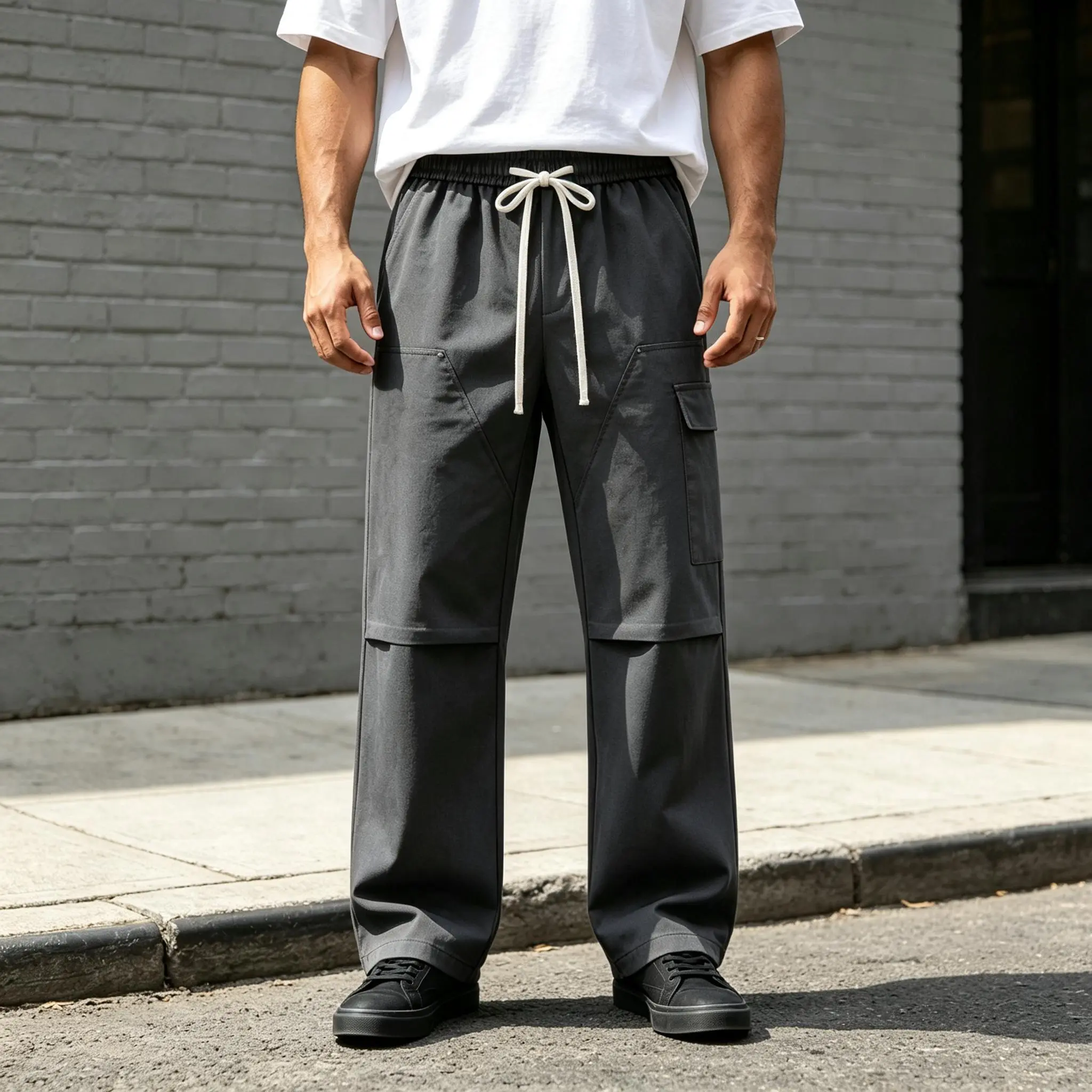 Loose Fit Men’s Utility Cargo Trousers, Heavy‑Duty Firm‑Weave Street Bottoms, Elastic Waist With Pull Drawstring, Multi Functional Side Pockets, Ideal for City Commuting and Light Outdoor Trips