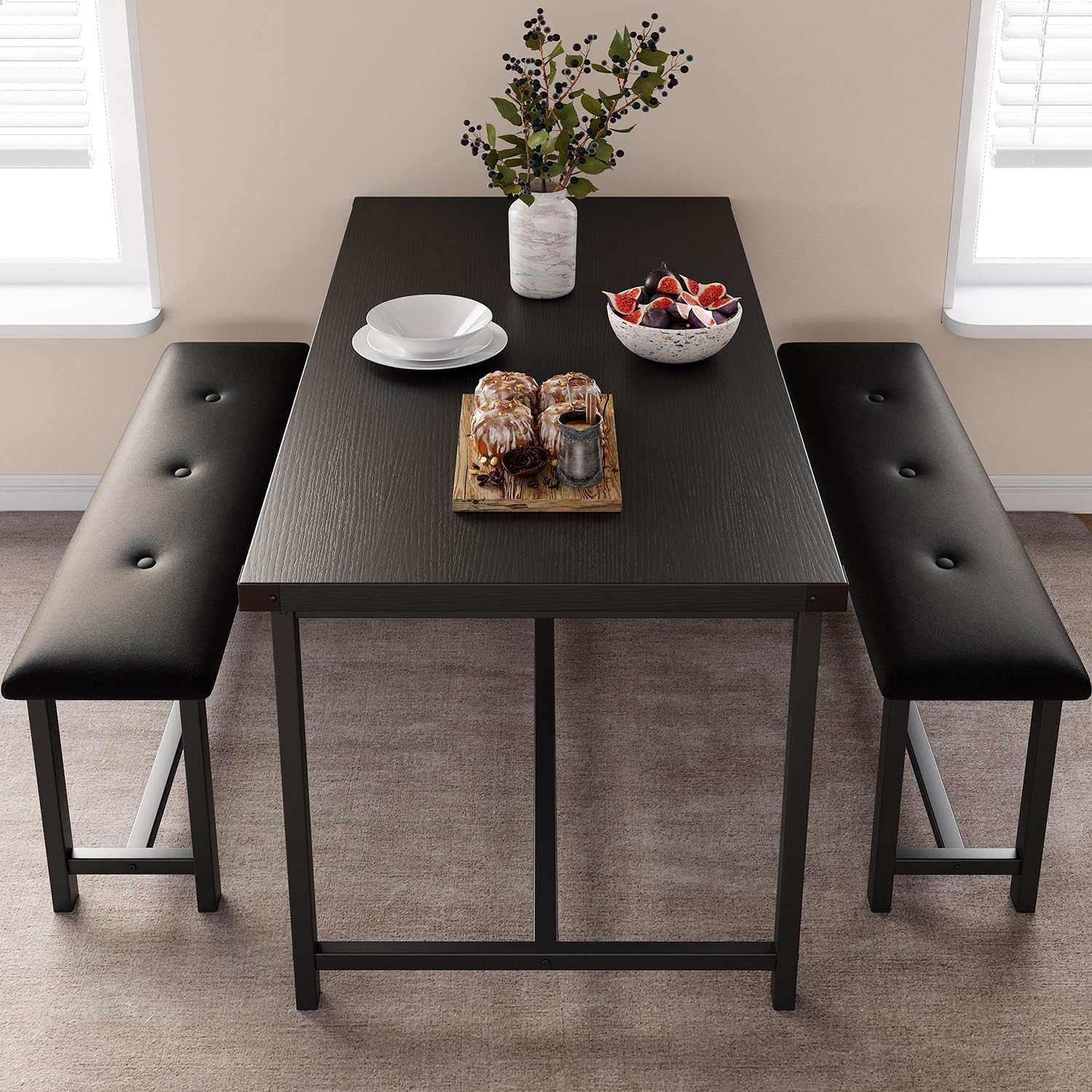 3-Piece Dining Table Set for 4 People, 44" Space Saving Kitchen Table with 2 Benches, Industrial Rectangular Dining Room Table Chairs Set 3-Piece Dining Table Set for 4 People, 44" Space Saving Kitchen Table with 2 Benches, Industrial Rectangular Dining Room Table Chairs Set