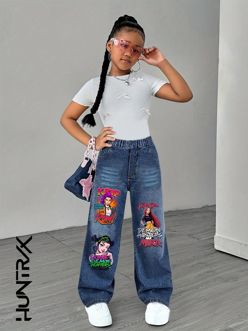 Girls' Casual Fitted Jeans, Trendy Print Denim Jeans for Ages 7-12, Stylish Youthwear for Fall & Winter, Pop Fashion for Girls