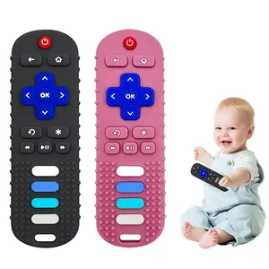 2-Pack Baby Teething Toys-TV Remote Control Shape Silicone Infants Teething Toys  Babies 0-18 Months,BPA-Free (Black+Pink)