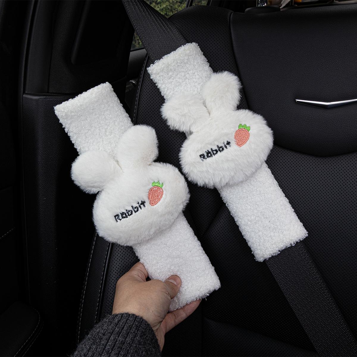 2 Pack Cute Rabbit Carrot Car Seat Belt Covers, Soft Sherpa Plush Fluffy Pads, Comfortable Anti-Rub Accessories, Universal Fit for All Cars