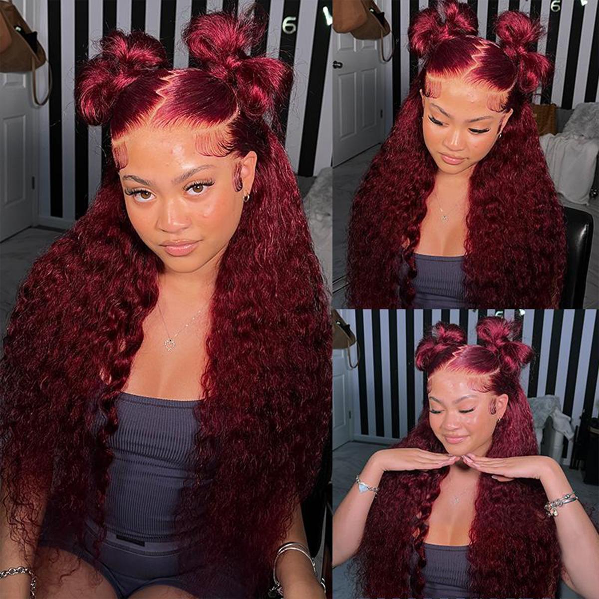[26‘’Deep Wave=$135] Cheetahbeauty 200% Density 99J Burgundy/Natural Black/Ombre T1B/4/27 Deep Wave Lace Front Wigs Human Hair 13x6 HD Lace Frontal Wigs Human Hair Lace Front Wigs Pre Plucked 99j Burgundy Deep Curly Human Hair For Women