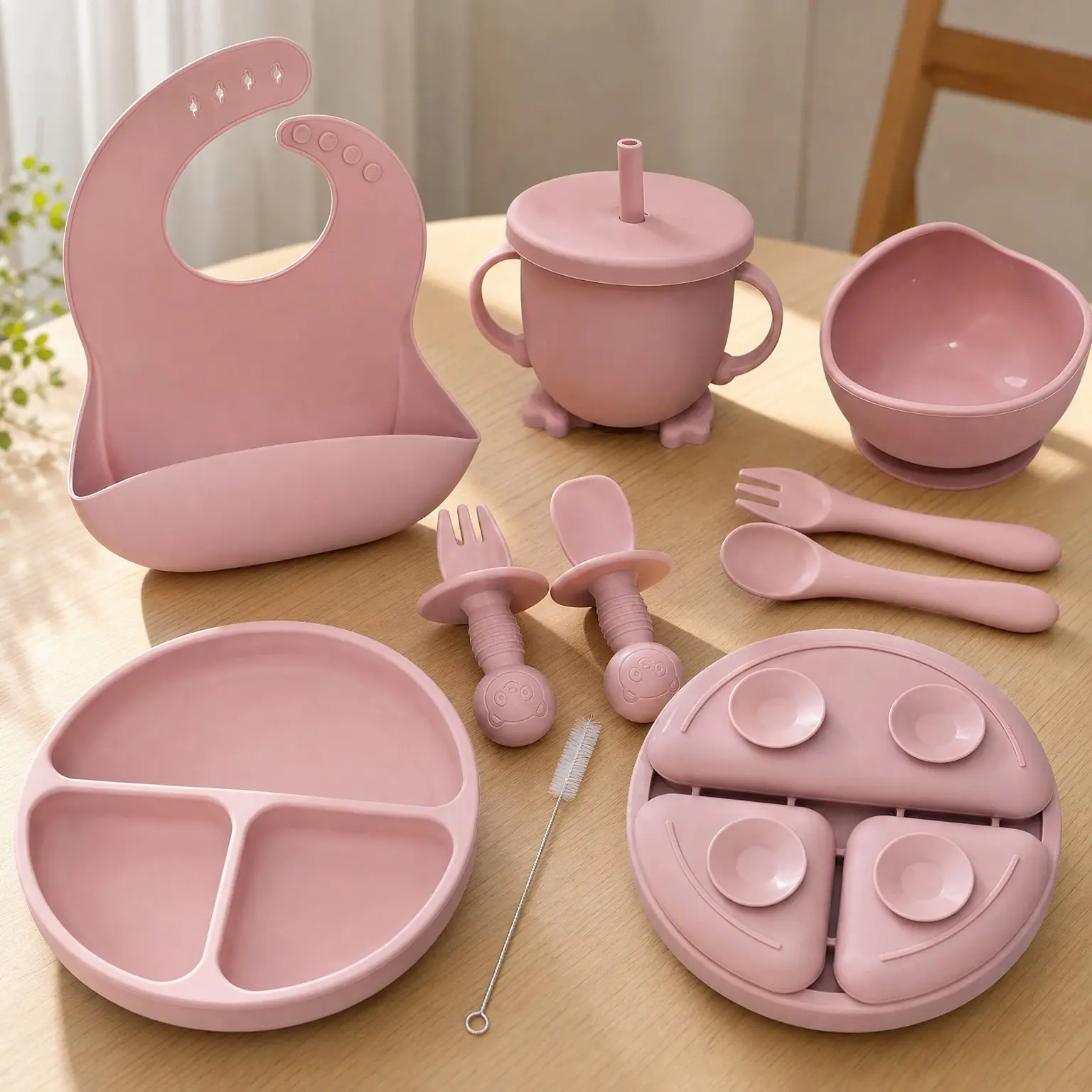 10-Piece Silicone Baby Led Weaning Feeding Set with Toddler Bib, Cup, Divided Plate, Bowl, Self-Feeding Spoons, Utensils & Toddler Feeding Supplies (Rose Quartz)(Gift)