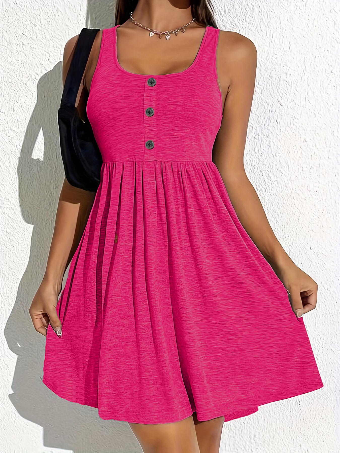 Plus Size Plain Fake Buttons Scoop Neck Fitted Stretchy Jersey Tank Dress, Casual Sleeveless A Line Feminine Aesthetic Dress, Summer Clothes Women, Women's Clothing, Dresses for Women, Women's Clothes for Daily Wear, Plus Size Women's Clothing, Womenswear Plus Size Plain Fake Buttons Scoop Neck Fitted Stretchy Jersey Tank Dress, Casual Sleeveless A Line Feminine Aesthetic Dress, Summer Clothes Women, Women's Clothing, Dresses for Women, Women's Clothes for Daily Wear, Plus Size Women's Clothing, Womenswear