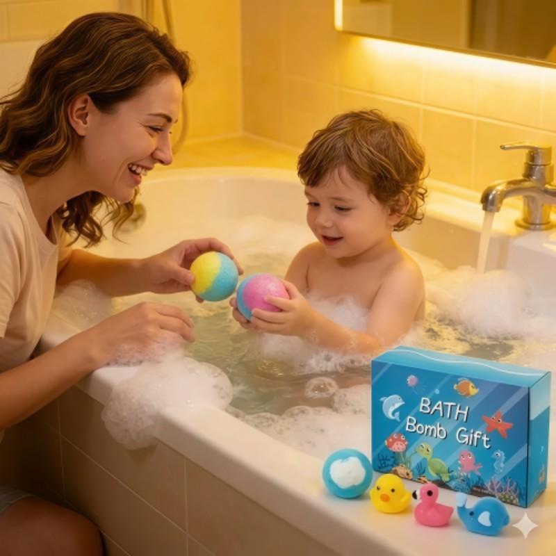 1box，Children Bath Ball Gift Box Set with Surprise Toy, Gentle Bubble Bath Foam Balls, Natural Safe Kids Bath Toys, Unisex Baby Shower Essentials
