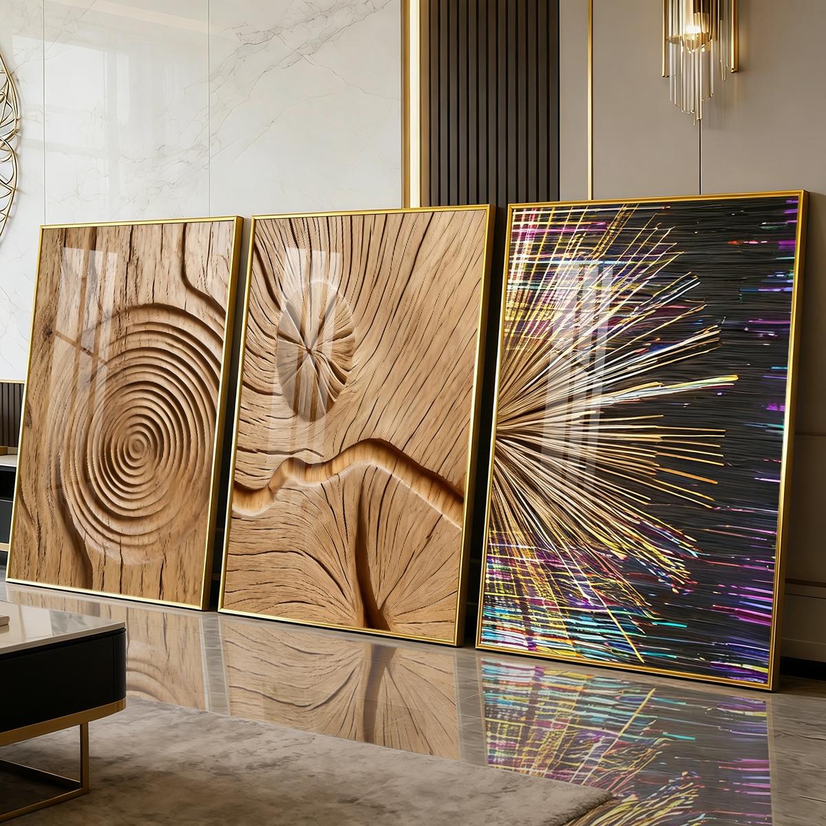 3 Counts Aluminum Alloy Framed Painting, Abstract Wood Texture And Light Burst Art, Home Decoration For Living Room, Bedroom, Office, Restaurant, Hallway Wall Decor, Odorless Print Artwork, Luxury Perfect Gift For Friends And Family