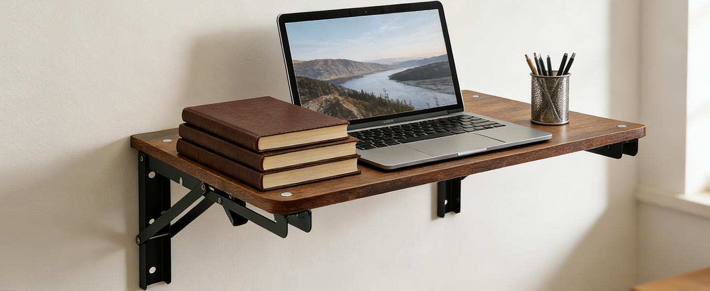 Wooden Folding Shelf Wall Mounted for Small Space, Wall Table for Living Room Bedroom Decor, Home Office Floating Fold Down Desk, Media Shelves with Heavy-Duty Brackets Holds Up to 30lbs, 21.6"*11.8"