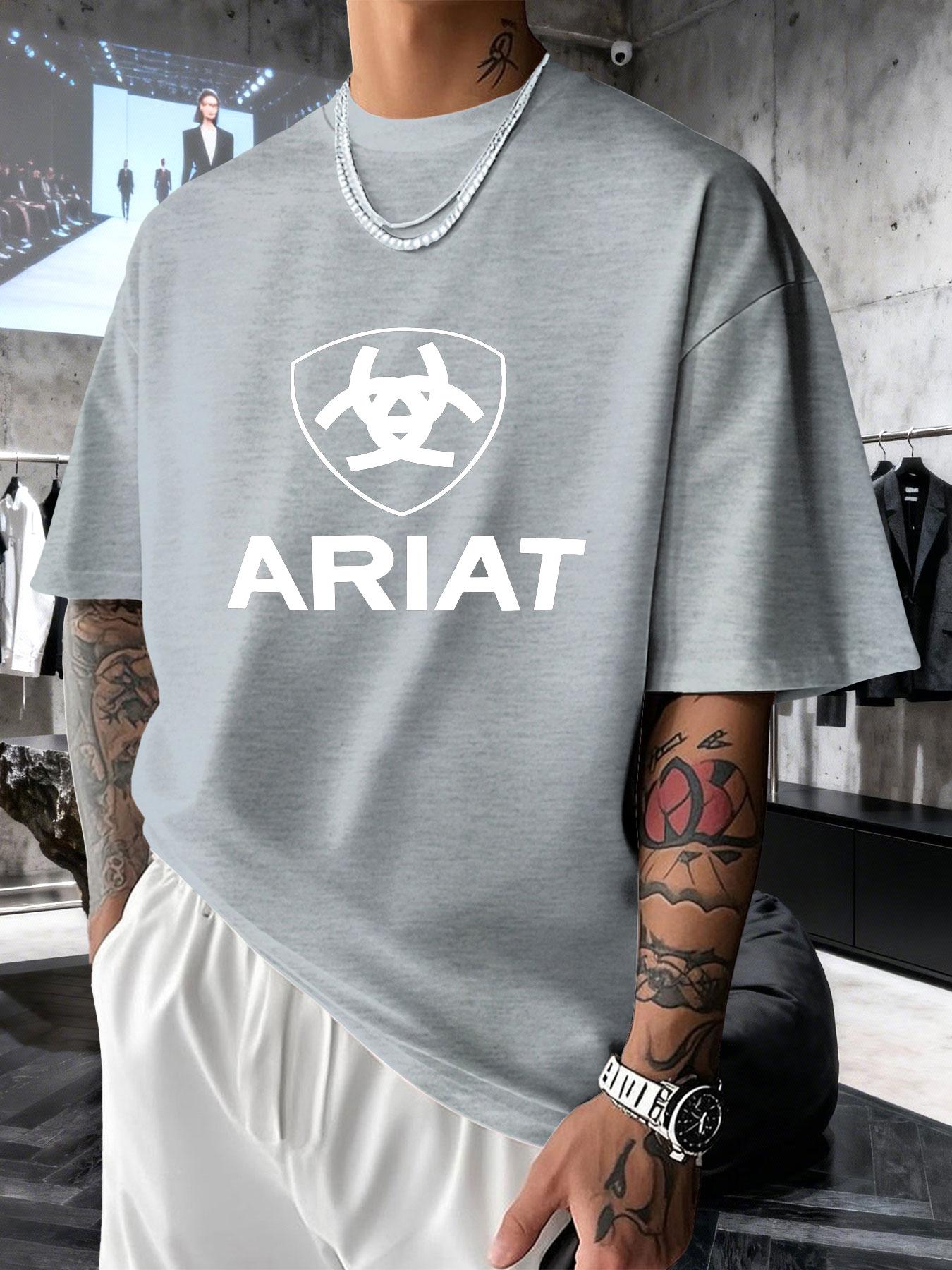 Men's Short Sleeve T-Shirt Summer Ariat Shield Logo Print, Western Cowboy Style Loose Fit Top, Casual Long Clothing for All Seasons